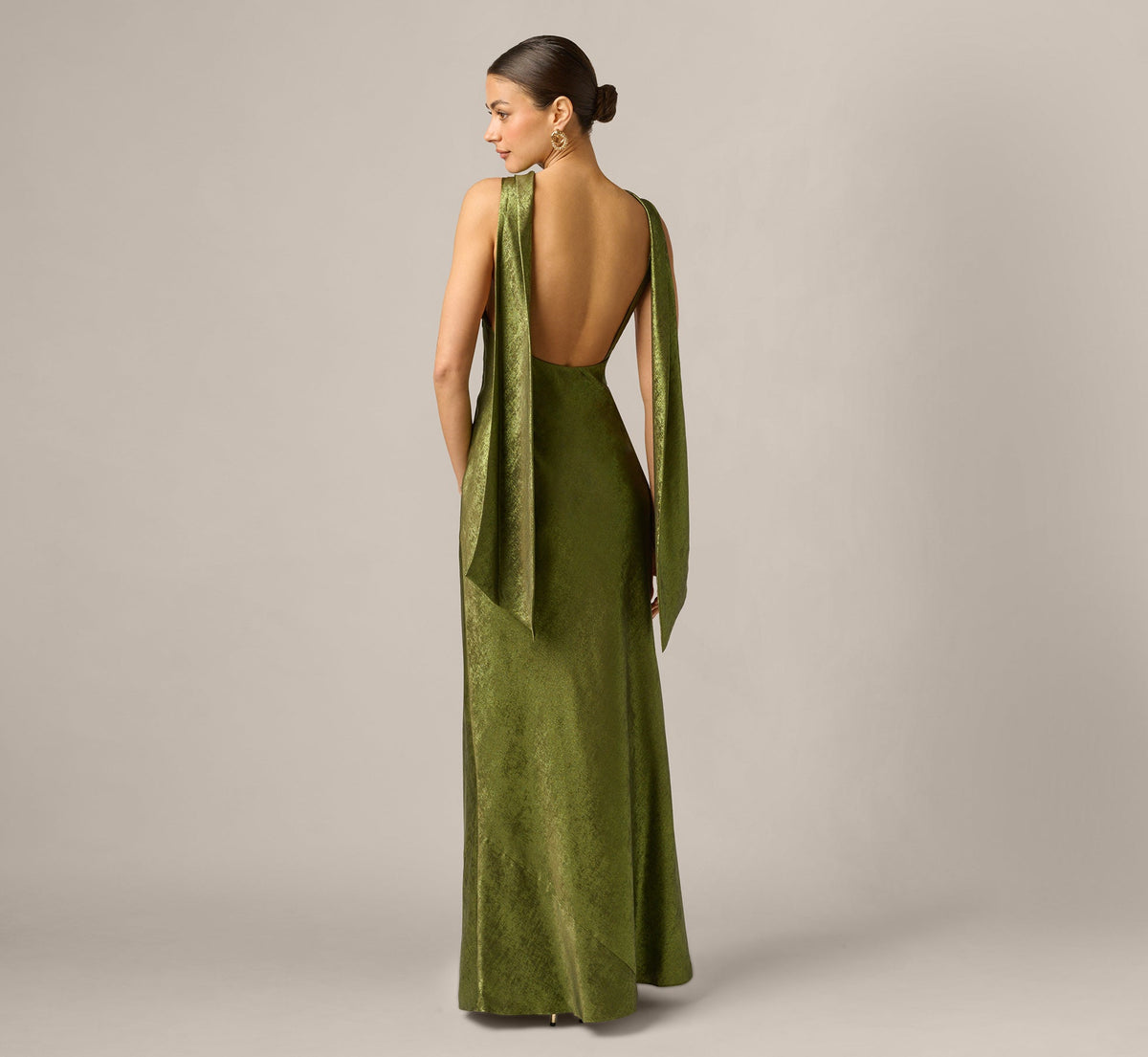 Foil Chiffon Cowled Scarf Halter Gown - Dark Olive | Adrianna Papell
