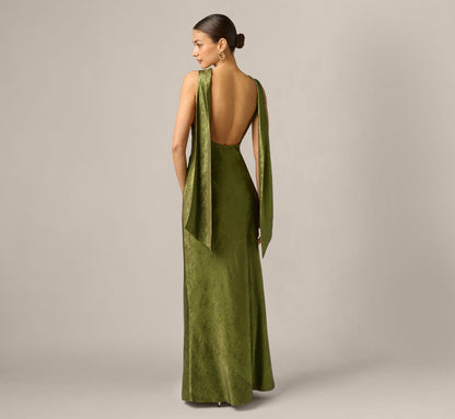 Foil Chiffon Cowled Scarf Halter Gown - Dark Olive | Adrianna Papell