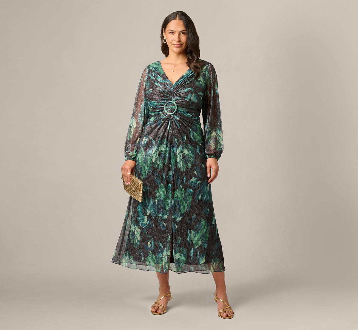 Plus Size Long Sleeve Metallic Floral Mesh Ruched Ankle Dress - Black Emerald | Adrianna Papell