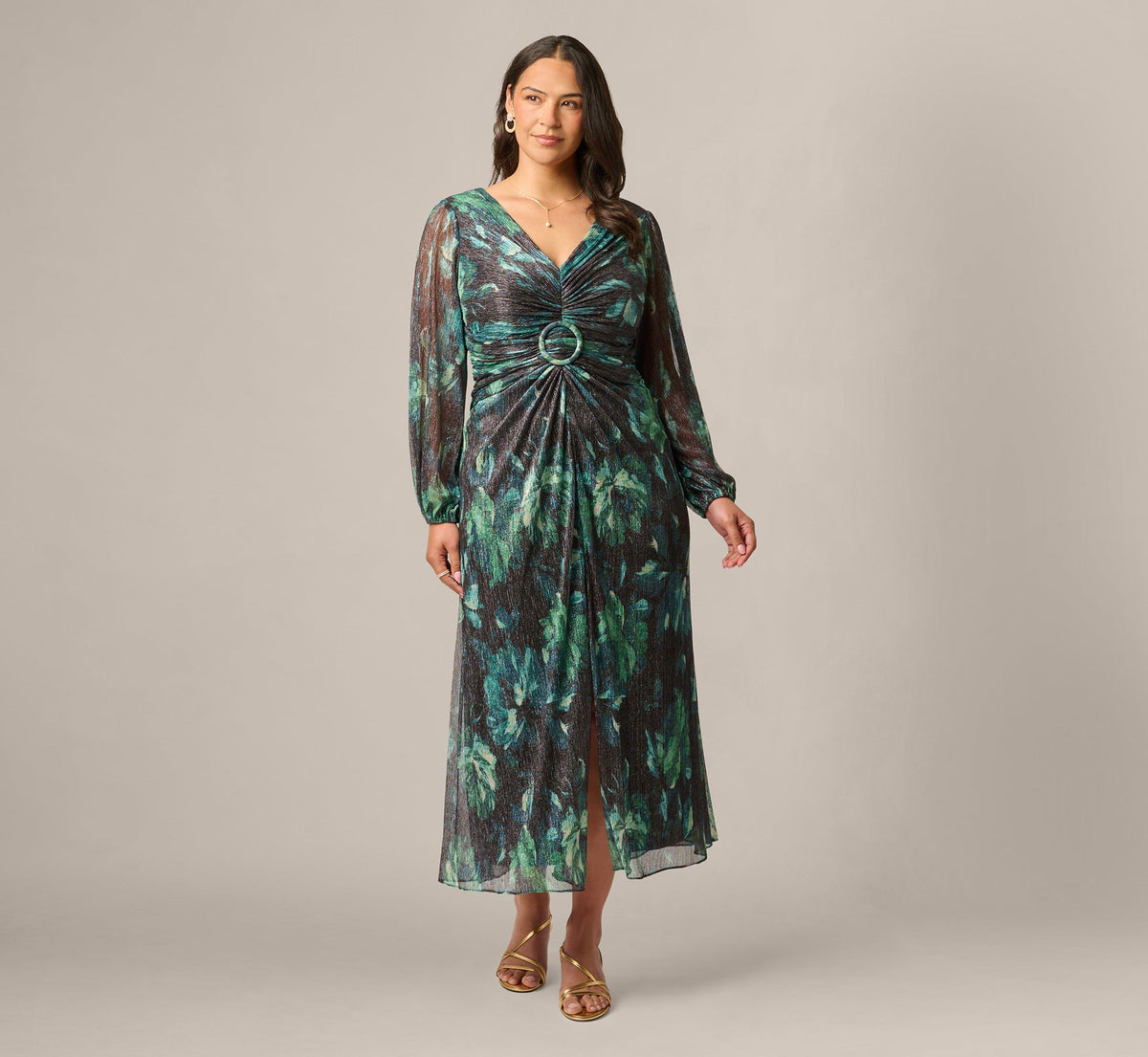 Plus Size Long Sleeve Metallic Floral Mesh Ruched Ankle Dress - Black Emerald | Adrianna Papell