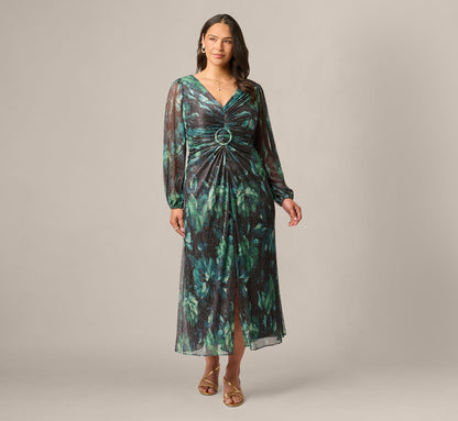 Plus Size Long Sleeve Metallic Floral Mesh Ruched Ankle Dress - Black Emerald | Adrianna Papell