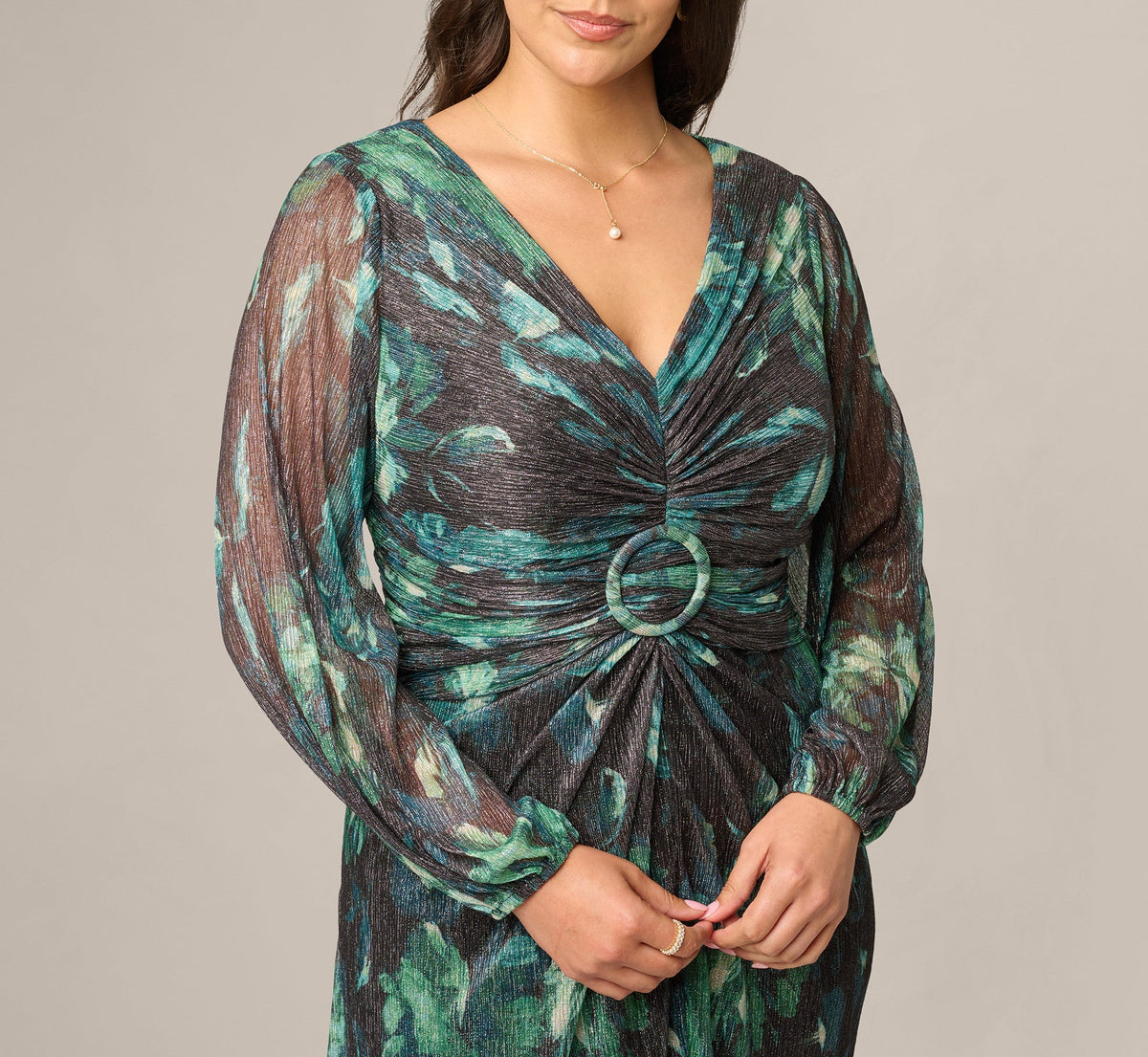 Plus Size Long Sleeve Metallic Floral Mesh Ruched Ankle Dress - Black Emerald | Adrianna Papell