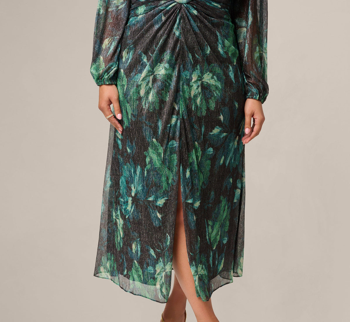 Plus Size Long Sleeve Metallic Floral Mesh Ruched Ankle Dress - Black Emerald | Adrianna Papell