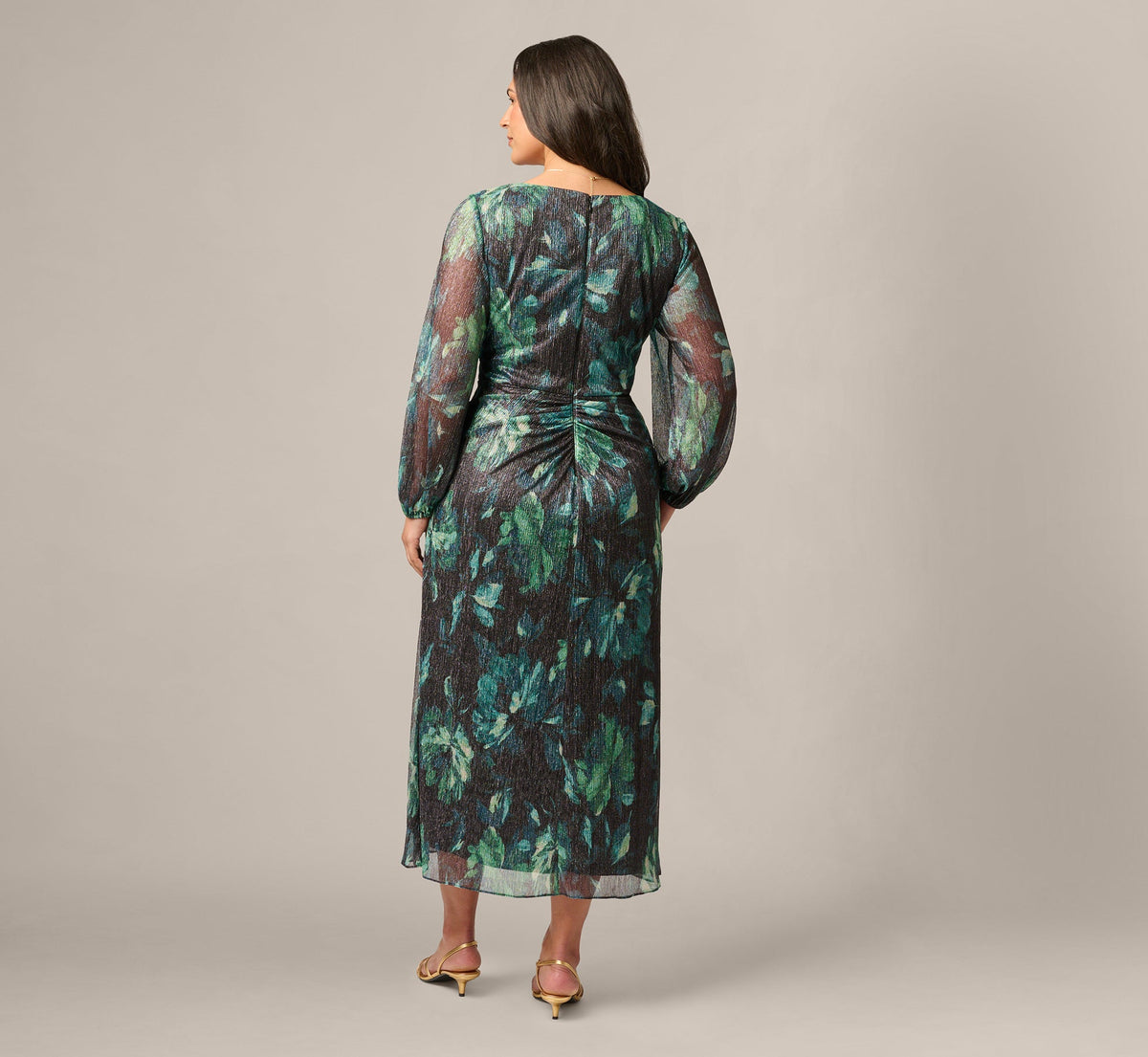 Plus Size Long Sleeve Metallic Floral Mesh Ruched Ankle Dress - Black Emerald | Adrianna Papell