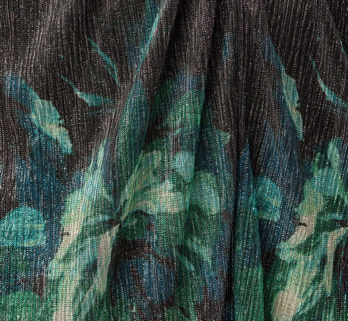 Plus Size Long Sleeve Metallic Floral Mesh Ruched Ankle Dress - Black Emerald | Adrianna Papell
