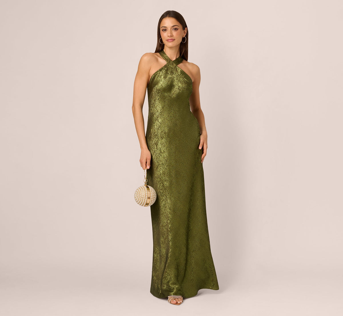 Foiled Mermaid Gown With Halter Neckline - Dark Olive | Adrianna Papell