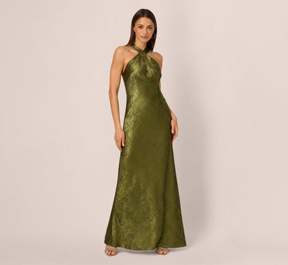 Foiled Mermaid Gown With Halter Neckline - Dark Olive | Adrianna Papell