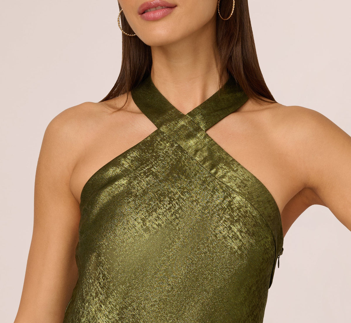 Foiled Mermaid Gown With Halter Neckline - Dark Olive | Adrianna Papell