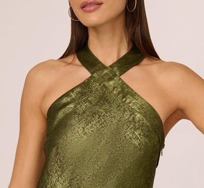Foiled Mermaid Gown With Halter Neckline - Dark Olive | Adrianna Papell