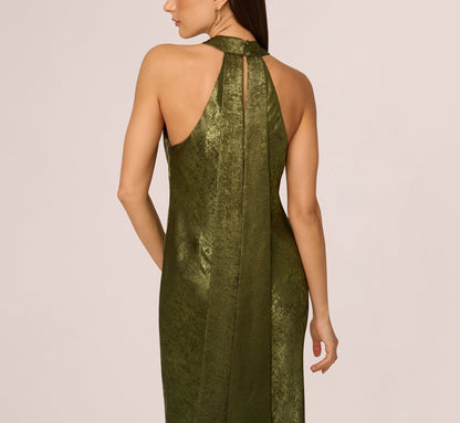 Foiled Mermaid Gown With Halter Neckline - Dark Olive | Adrianna Papell