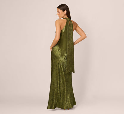 Foiled Mermaid Gown With Halter Neckline - Dark Olive | Adrianna Papell