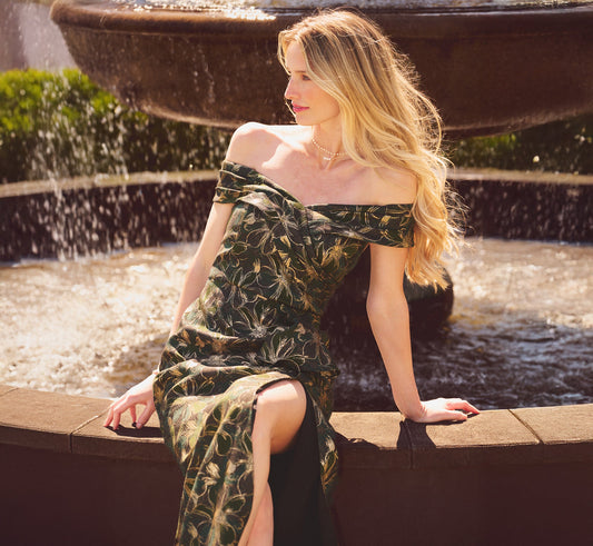 Off Shoulder Jacquard Gown - Olive Gold | Adrianna Papell