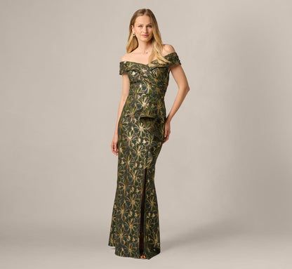 Off Shoulder Jacquard Gown - Olive Gold | Adrianna Papell