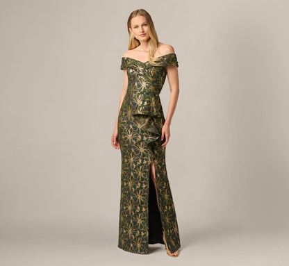 Off Shoulder Jacquard Gown - Olive Gold | Adrianna Papell