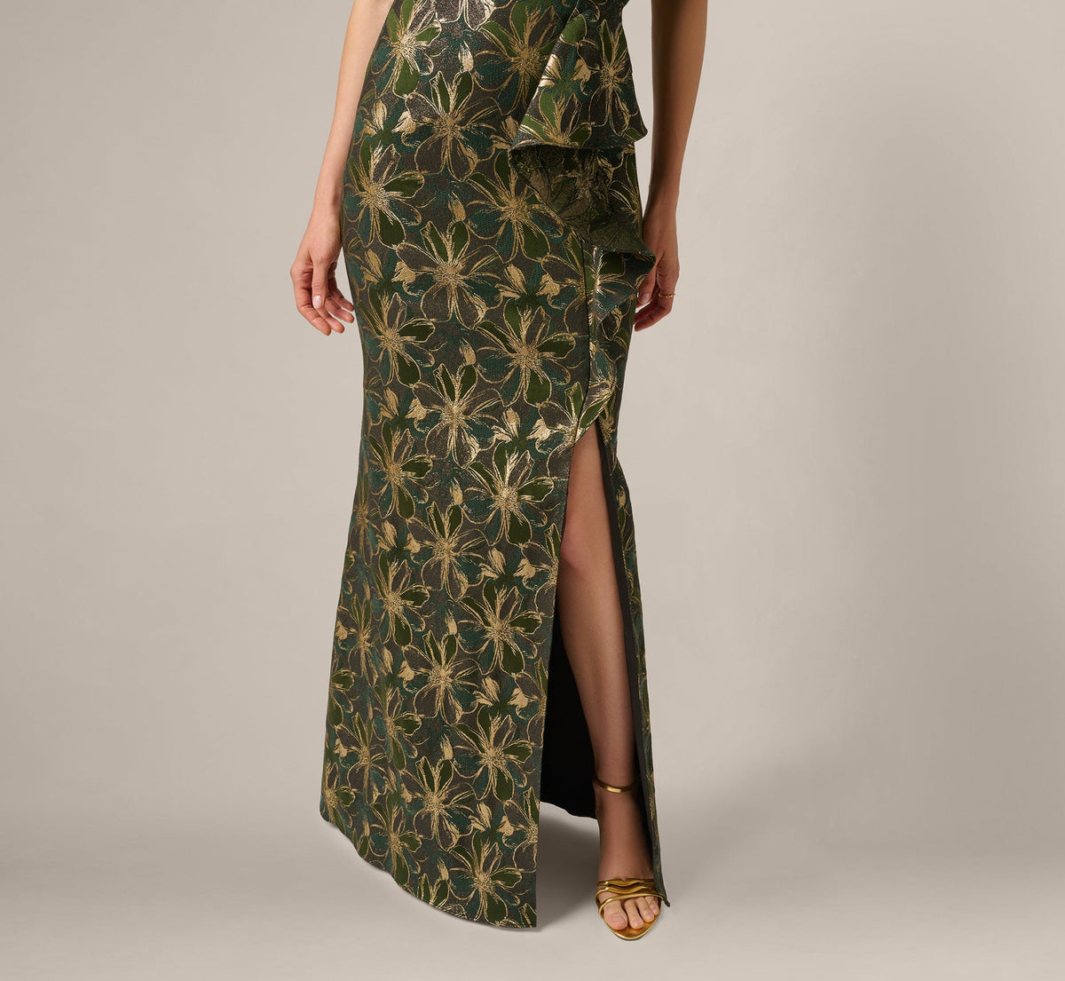 Off Shoulder Jacquard Gown - Olive Gold | Adrianna Papell