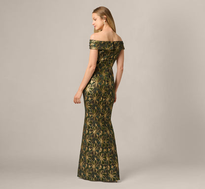 Off Shoulder Jacquard Gown - Olive Gold | Adrianna Papell
