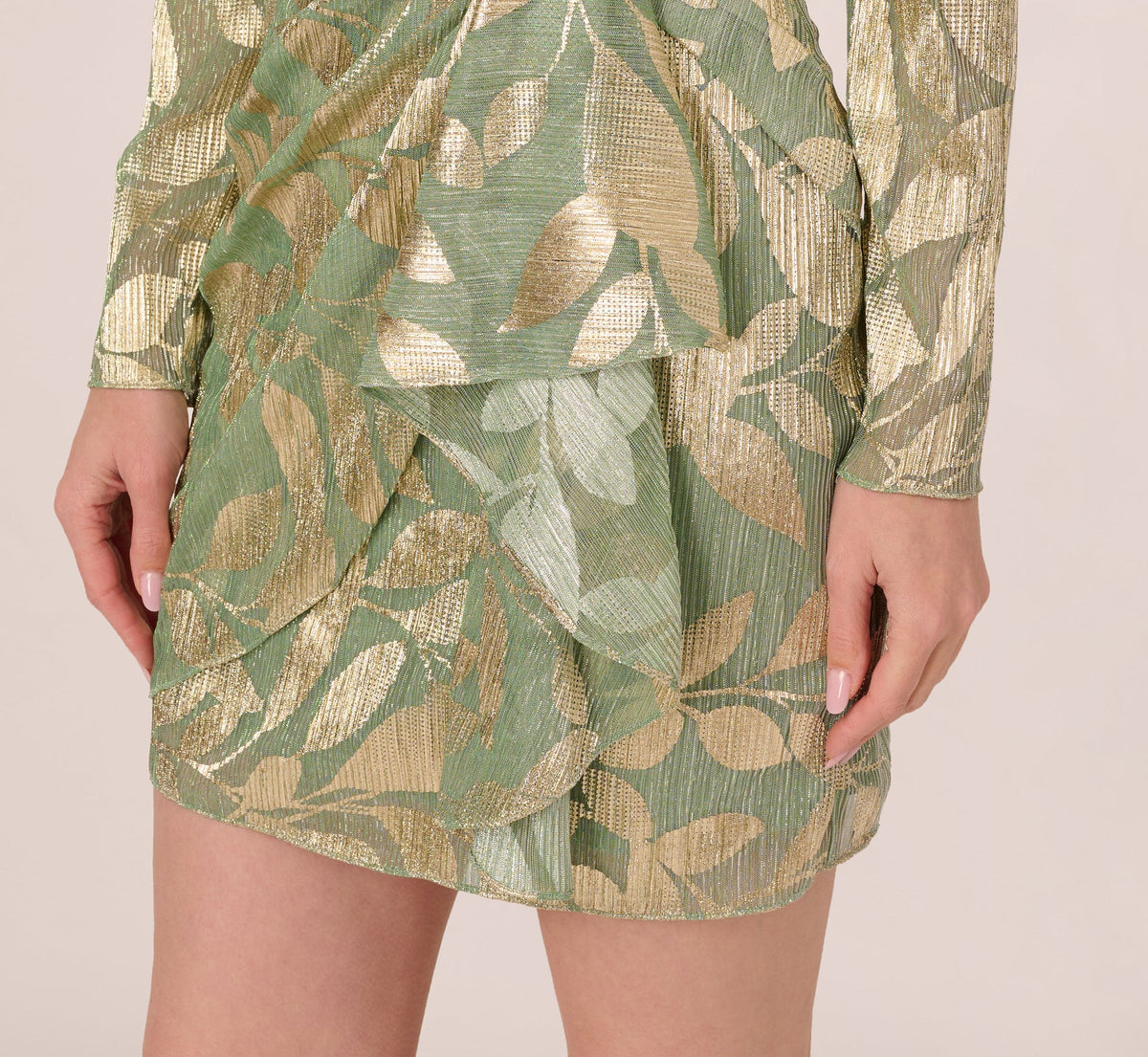 Long Sleeve Foil Short Wrap Dress - Sage Gold | Adrianna Papell