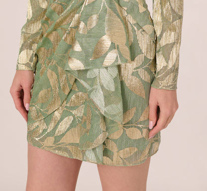Long Sleeve Foil Short Wrap Dress - Sage Gold | Adrianna Papell