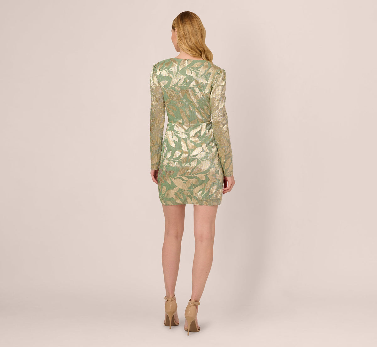 Long Sleeve Foil Short Wrap Dress - Sage Gold | Adrianna Papell