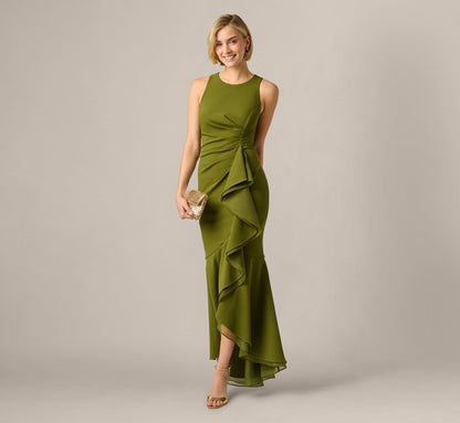 High Low Crepe Halter Gown With Organza Draping - Jungle Olive | Adrianna Papell