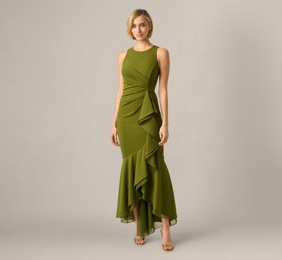 High Low Crepe Halter Gown With Organza Draping - Jungle Olive | Adrianna Papell