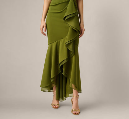 High Low Crepe Halter Gown With Organza Draping - Jungle Olive | Adrianna Papell