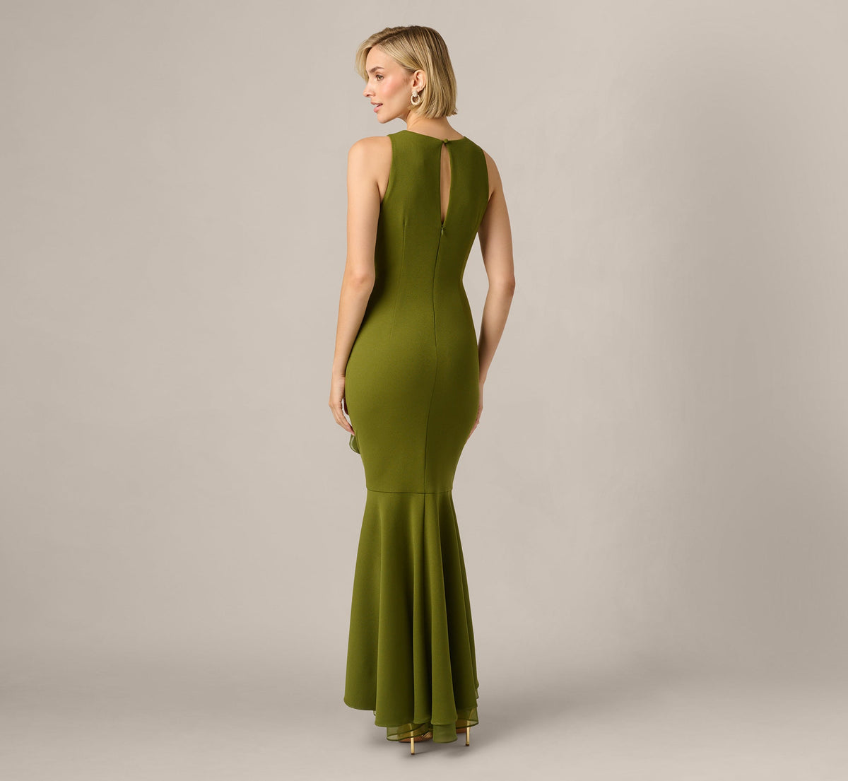 High Low Crepe Halter Gown With Organza Draping - Jungle Olive | Adrianna Papell