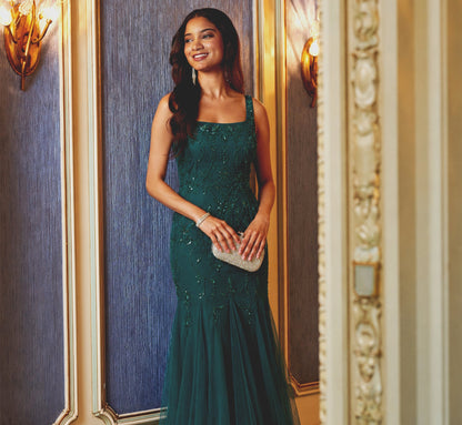 Square Neck Ivy Floral Sequin Beaded Gown - Gem Green | Adrianna Papell
