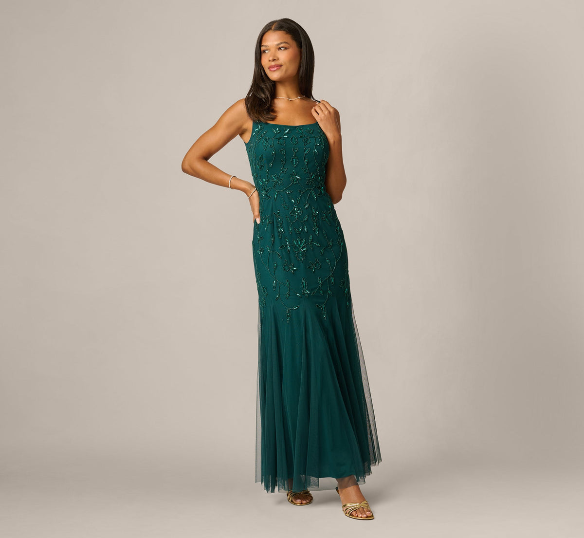 Square Neck Ivy Floral Sequin Beaded Gown - Gem Green | Adrianna Papell