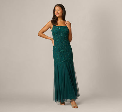 Square Neck Ivy Floral Sequin Beaded Gown - Gem Green | Adrianna Papell