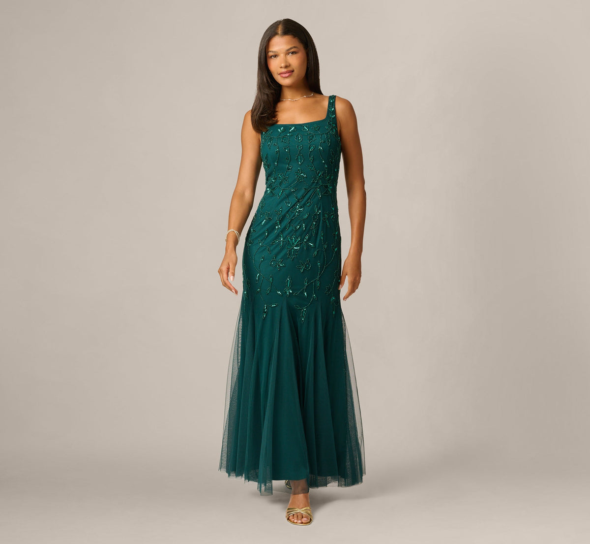 Square Neck Ivy Floral Sequin Beaded Gown - Gem Green | Adrianna Papell