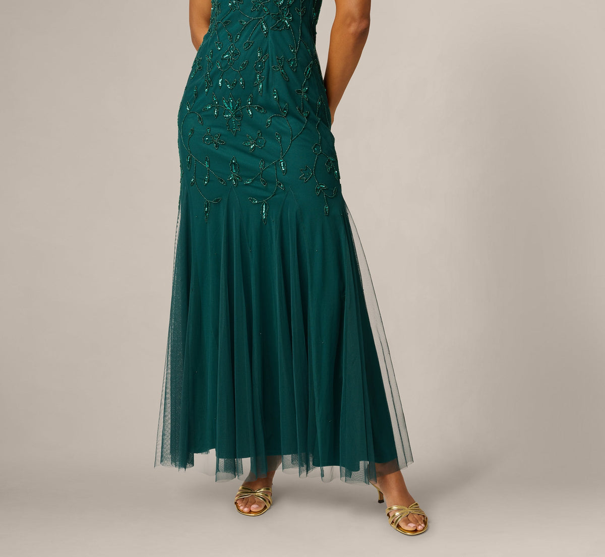 Square Neck Ivy Floral Sequin Beaded Gown - Gem Green | Adrianna Papell