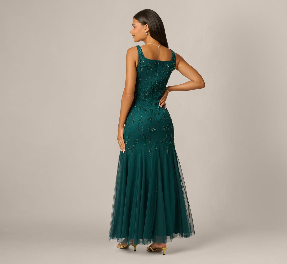 Square Neck Ivy Floral Sequin Beaded Gown - Gem Green | Adrianna Papell