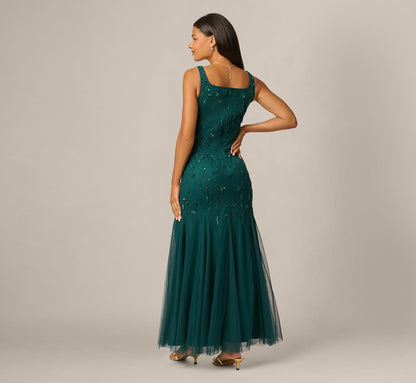 Square Neck Ivy Floral Sequin Beaded Gown - Gem Green | Adrianna Papell