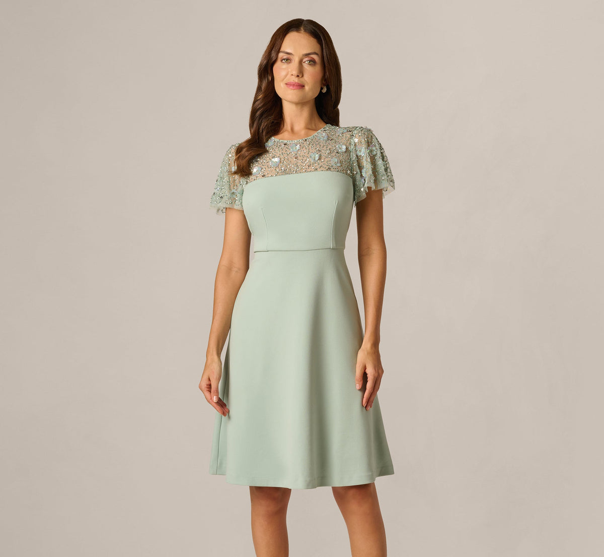 Flutter Sleeve Beaded Illusion Short Dress - Icy Sage | Adrianna Papell