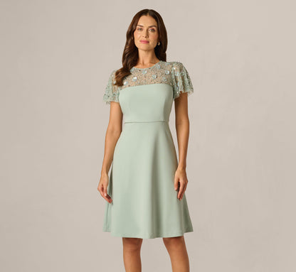 Flutter Sleeve Beaded Illusion Short Dress - Icy Sage | Adrianna Papell