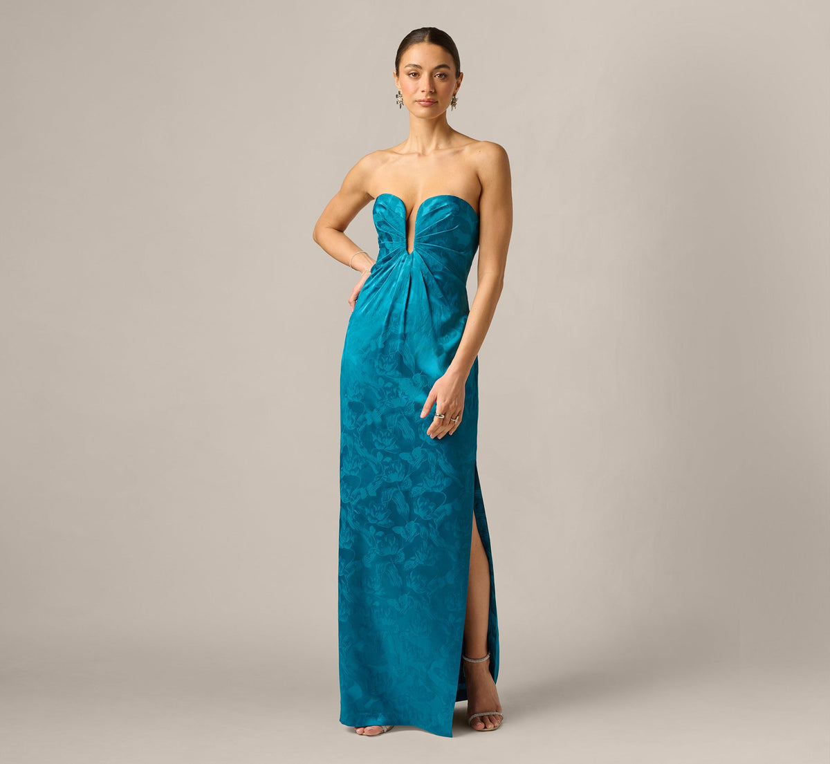 Strapless Floral Jacquard Plunge Gown - Peacock | Adrianna Papell
