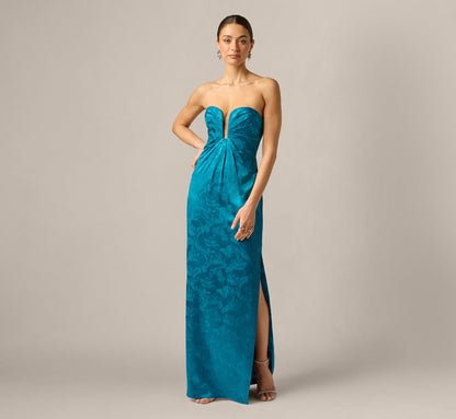 Strapless Floral Jacquard Plunge Gown - Peacock | Adrianna Papell