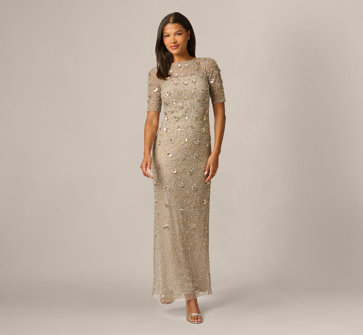 Long Hand Beaded 3D Floral Dress With Elbow Sleeves - Platinum | Adrianna Papell