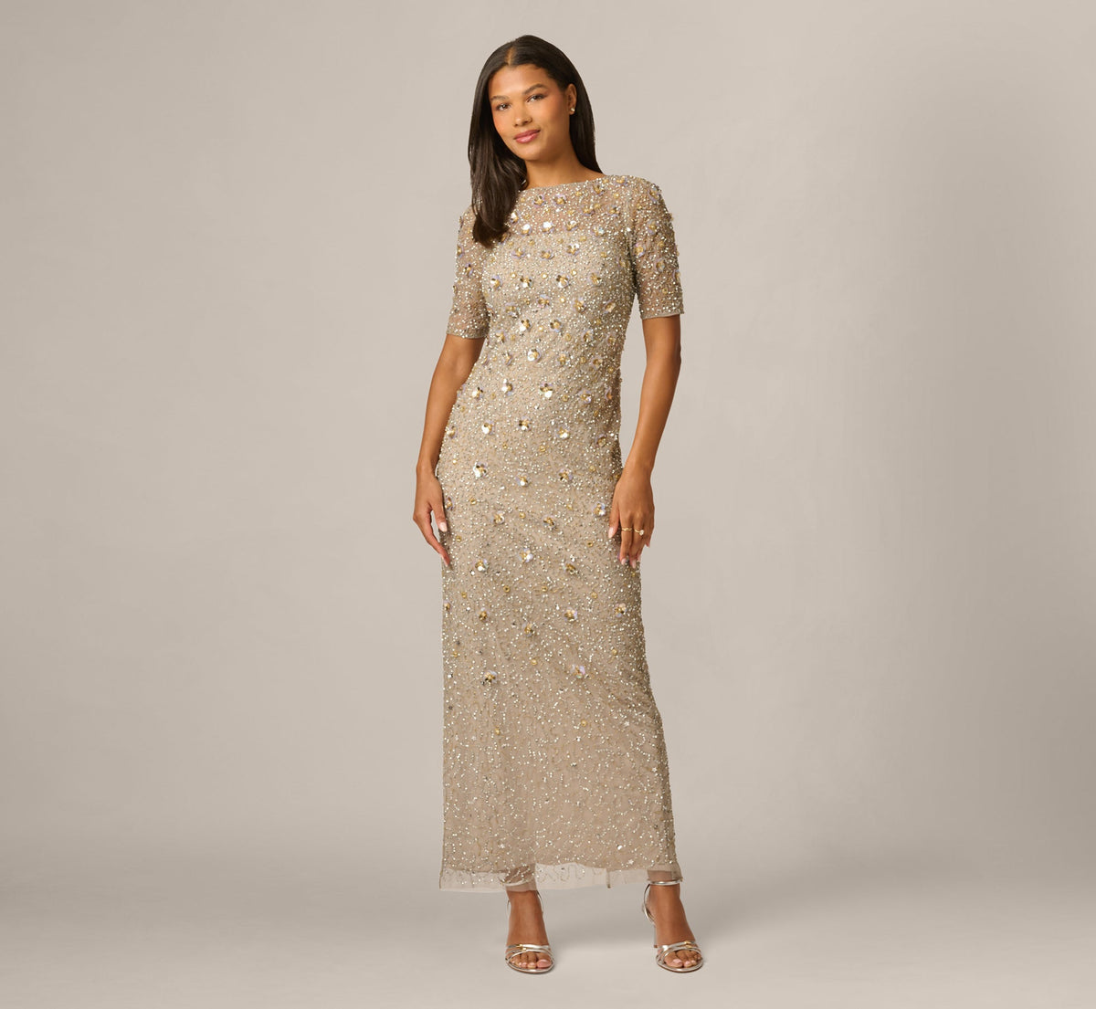 Long Hand Beaded 3D Floral Dress With Elbow Sleeves - Platinum | Adrianna Papell