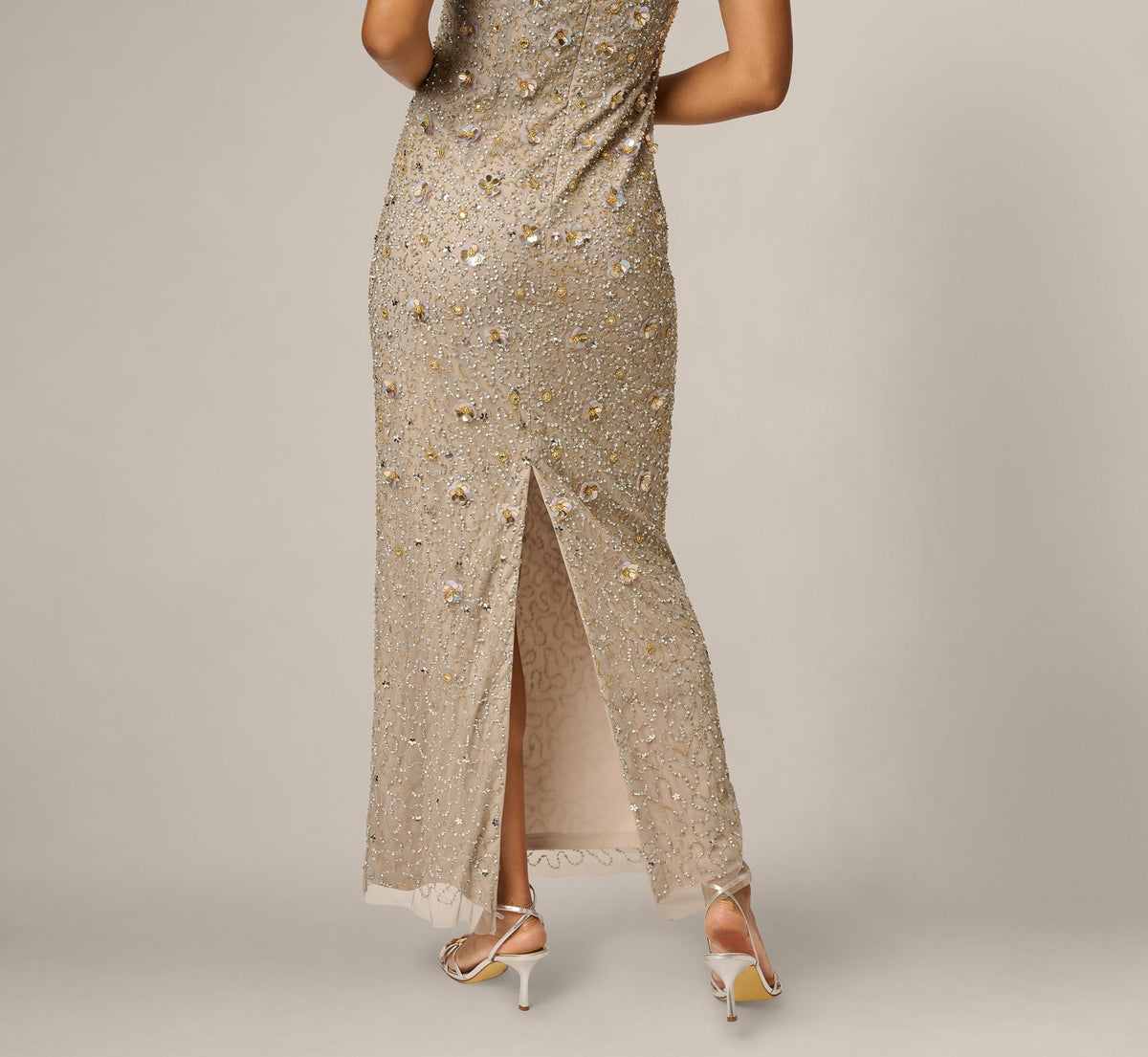Long Hand Beaded 3D Floral Dress With Elbow Sleeves - Platinum | Adrianna Papell