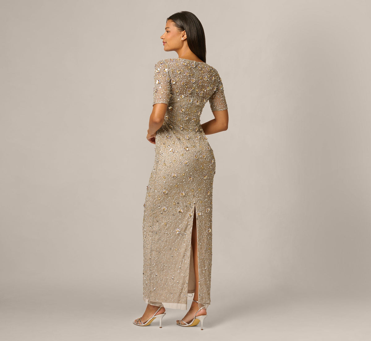 Long Hand Beaded 3D Floral Dress With Elbow Sleeves - Platinum | Adrianna Papell