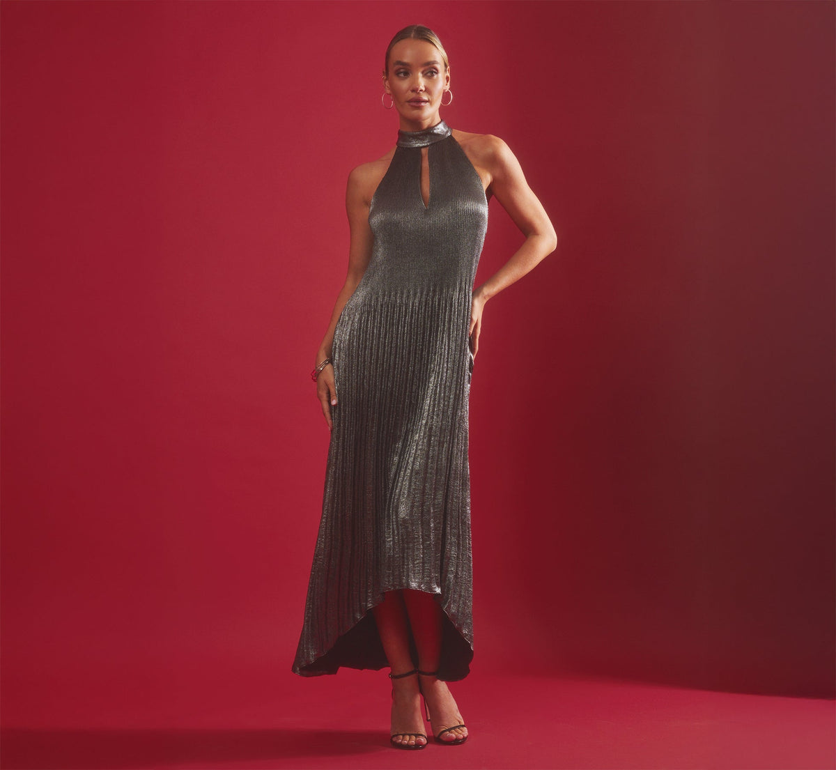 Pleated Metallic High Low Maxi Halter Dress - Gunmetal Black | Adrianna Papell