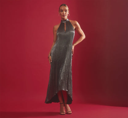 Pleated Metallic High Low Maxi Halter Dress - Gunmetal Black | Adrianna Papell