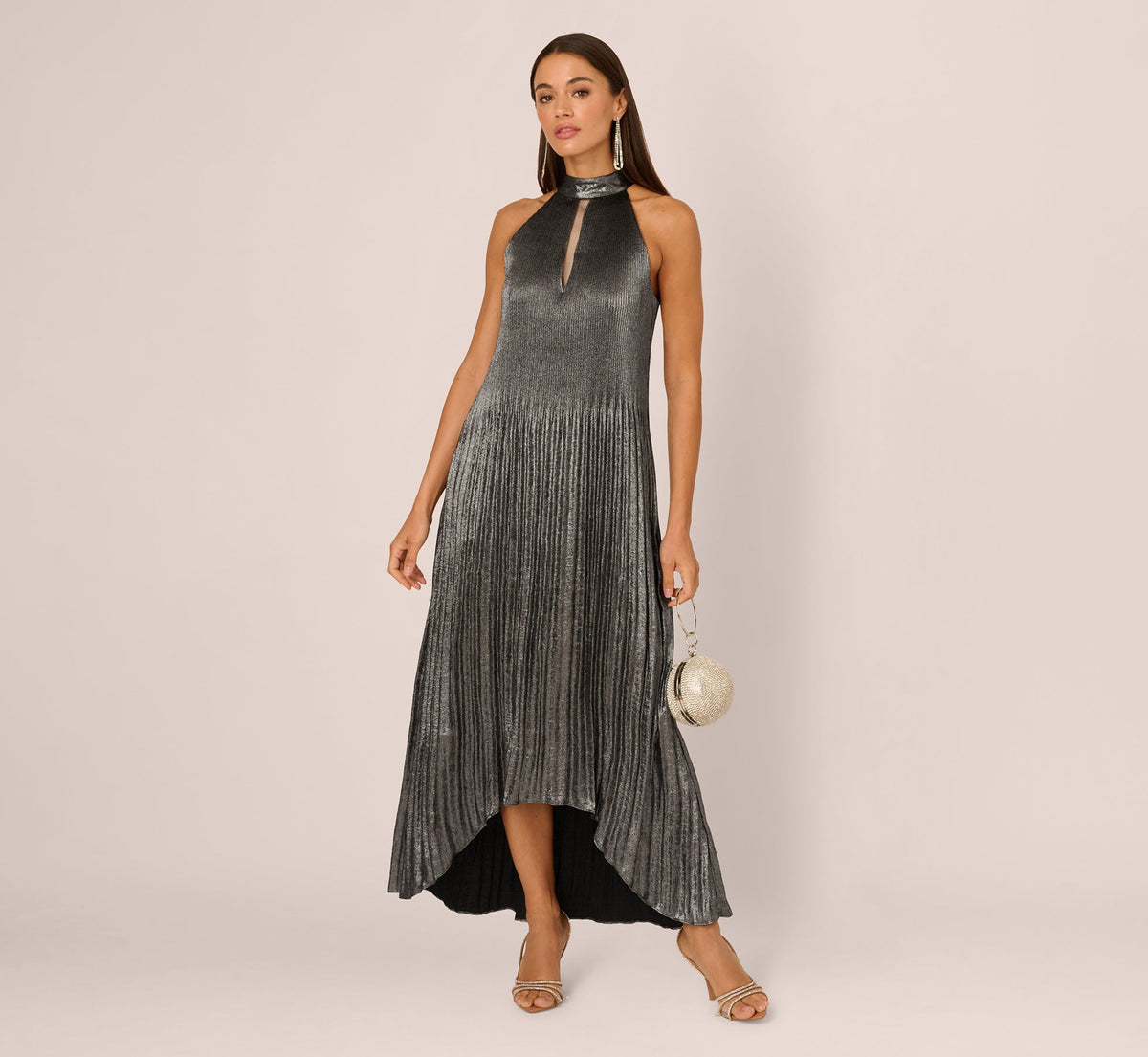 Pleated Metallic High Low Maxi Halter Dress - Gunmetal Black | Adrianna Papell