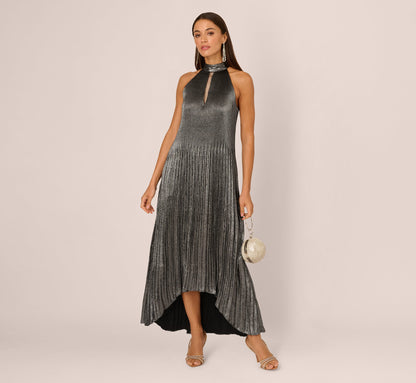 Pleated Metallic High Low Maxi Halter Dress - Gunmetal Black | Adrianna Papell