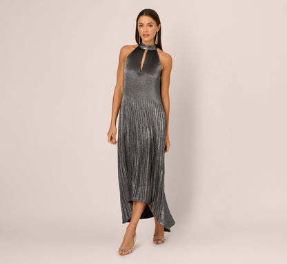 Pleated Metallic High Low Maxi Halter Dress - Gunmetal Black | Adrianna Papell