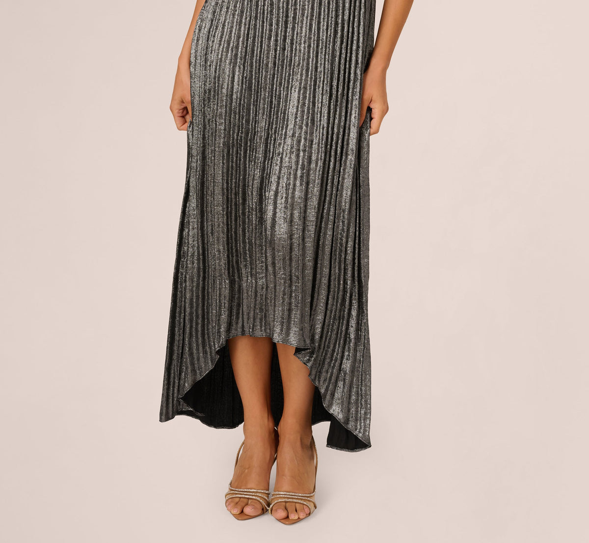 Pleated Metallic High Low Maxi Halter Dress - Gunmetal Black | Adrianna Papell