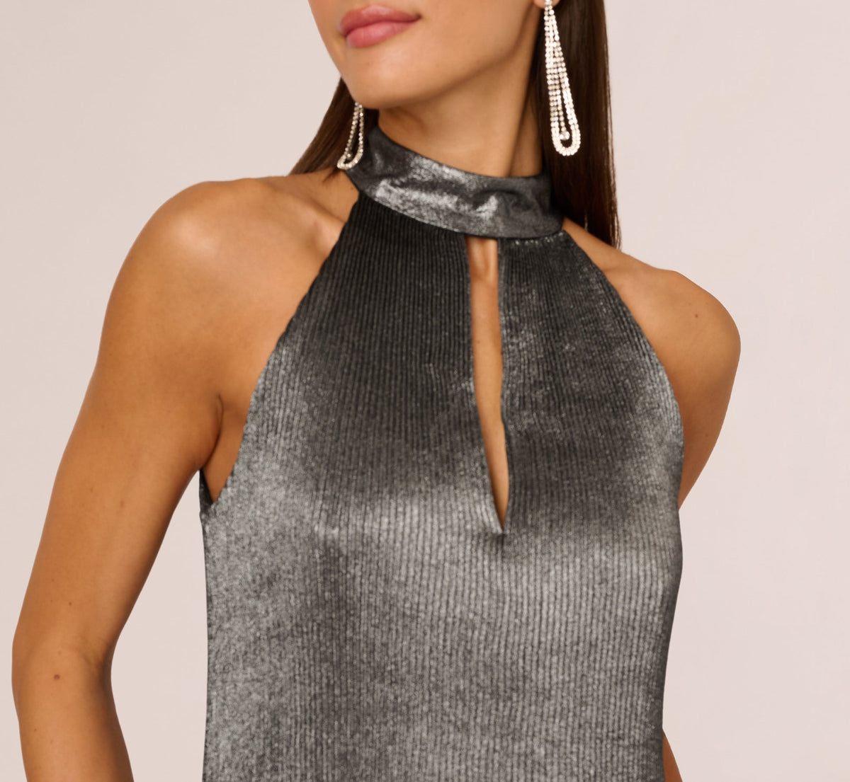 Pleated Metallic High Low Maxi Halter Dress - Gunmetal Black | Adrianna Papell