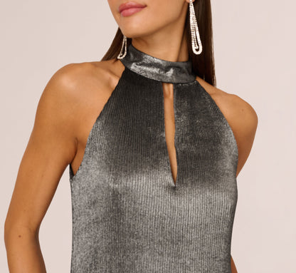 Pleated Metallic High Low Maxi Halter Dress - Gunmetal Black | Adrianna Papell